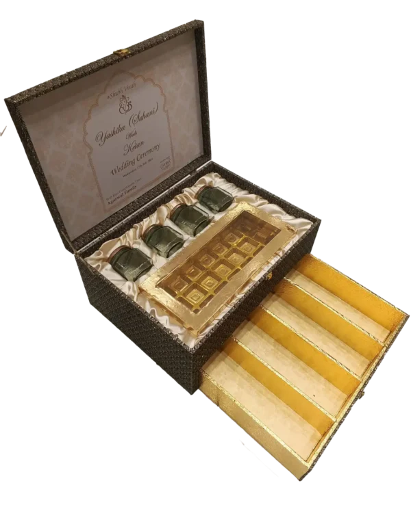 Customised Black Chocolate Dry fruit box open, sweets and namkeen box, suitcase box, premium box, rexine box, glass jar box, satin cloth box, bhaji box, sweets and namkeen box, Rich box, Wooden Box, M.D.F. Box, trending box, fancy box, hybrid box, Namkeen box