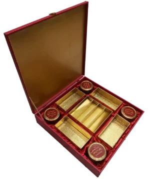 Customised Mahroon 4 Jar 8 Piece Wooden box open, 800 G.M. Dry Fruit, 8 Piece box, Sweets Box, Namkeen box, Dry fruit Box, beeautiful box, trending box, fancy box, wooden box, M.D.F. Box, dibba, diba, Satin box, Bhaji Box