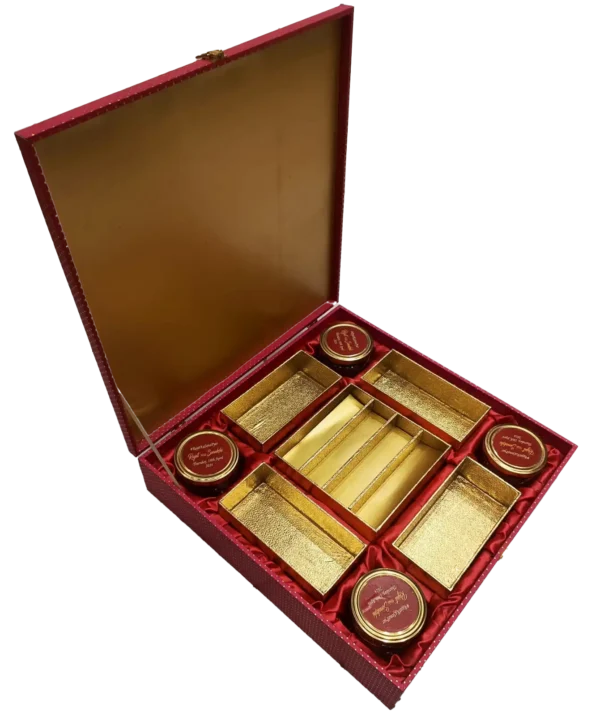 Customised Mahroon 4 Jar 8 Piece Wooden box open, 800 G.M. Dry Fruit, 8 Piece box, Sweets Box, Namkeen box, Dry fruit Box, beeautiful box, trending box, fancy box, wooden box, M.D.F. Box, dibba, diba, Satin box, Bhaji Box