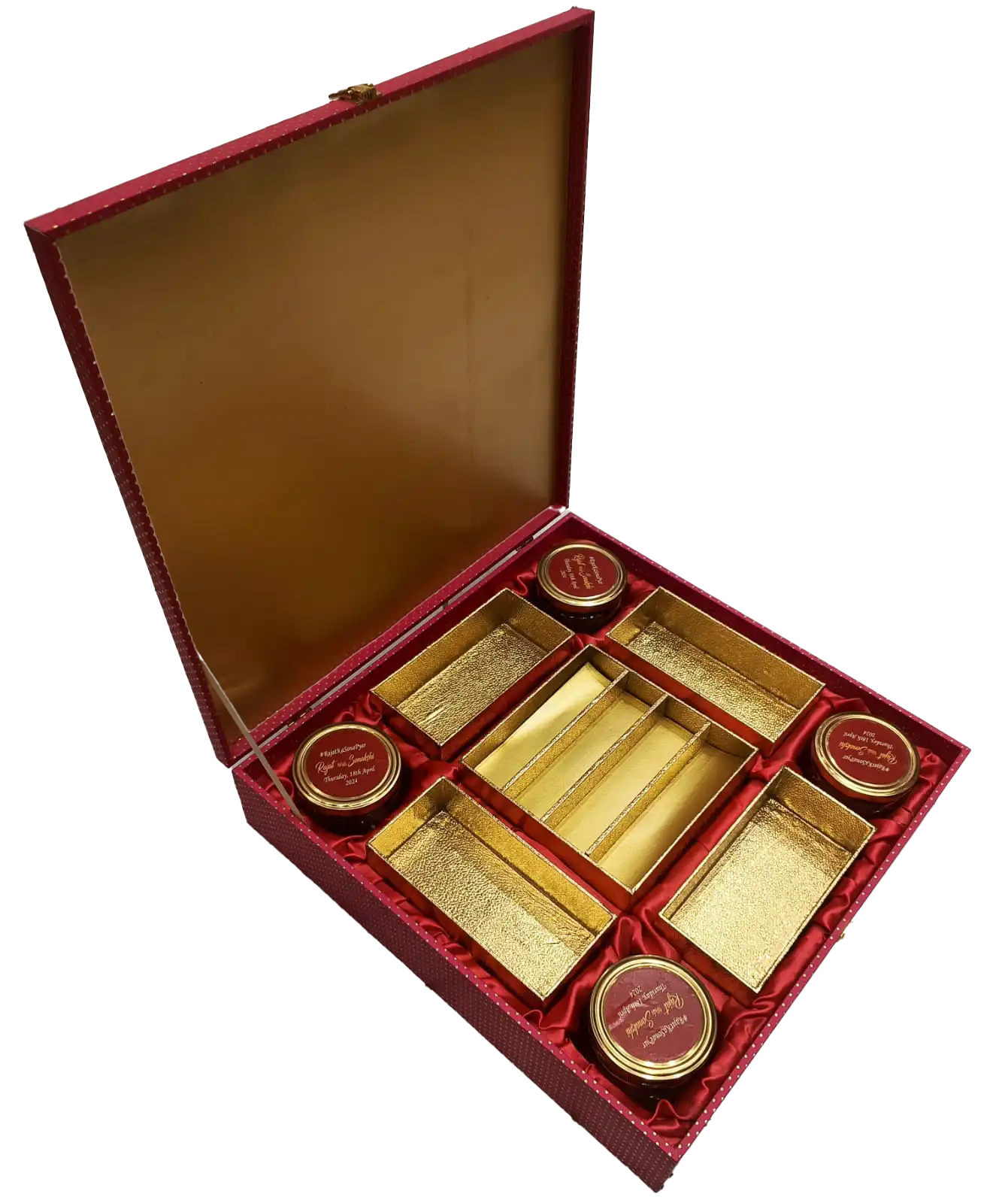 Customised Mahroon 4 Jar 8 Piece Wooden box open, 800 G.M. Dry Fruit, 8 Piece box, Sweets Box, Namkeen box, Dry fruit Box, beeautiful box, trending box, fancy box, wooden box, M.D.F. Box, dibba, diba, Satin box, Bhaji Box