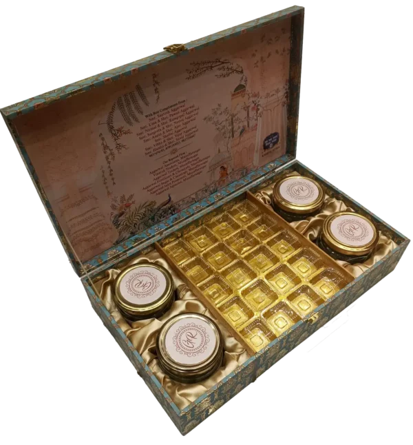 Customised 4 Jar 20 Cavity Box open, 800 G.M. Dry fruit box, 20 Piece Chocolate box, Dry Fruit box, 20 Piece Laddu Box, 20 Piece Bites box, Hybrid box, gift box, fancy box, trending box, M.D.F. Box, Wooden box, dibba, diba