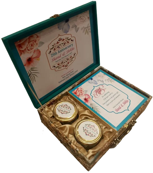 Customised 2 Jar Invitation Sweets box open, two jar box, blue box, invitation box, Wedding box, digital print box, invitation card box, suitcase box, gift box, hybrid box, dry fruit box, fancy box, trending box, premium box, popular box, wooden box, M.D.F. Box, dibba, diba