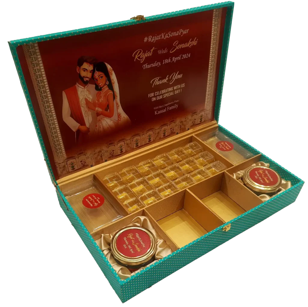 Customised 2 Jar 2 Container 18 pieces Chocolate Cavity Box open, Green Box, Choclate Box, Dry fruit Box, Namkeen Box, Wedding Box, Sagai Box, Ring ceremony box, Digital print box, wooden box, M.D.F. Box, Fancy box, Trending box, hybrid box, Gift box, dibba, diba