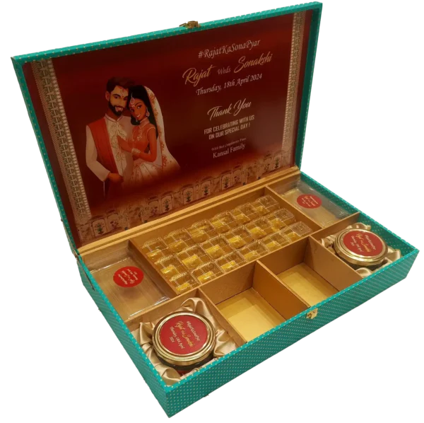 Customised 2 Jar 2 Container 18 pieces Chocolate Cavity Box open, Green Box, Choclate Box, Dry fruit Box, Namkeen Box, Wedding Box, Sagai Box, Ring ceremony box, Digital print box, wooden box, M.D.F. Box, Fancy box, Trending box, hybrid box, Gift box, dibba, diba