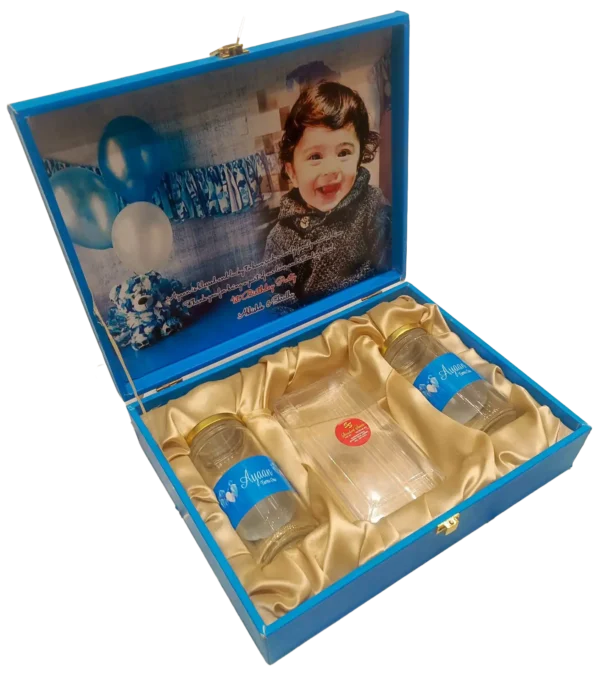 Customised blue 2 Jar Brownie Box open, dry fruit box, gift box, birthday box, special box, premium box, popular box, dibba, diba, digital print box, baby box, box for baby, brownie box