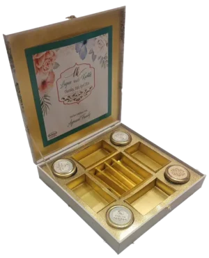 Customised 4 Jar 8 Pieces Box open, dry fruit box, sweets box, bhaji box, namkeen box, premium box, gift box, digital print box
