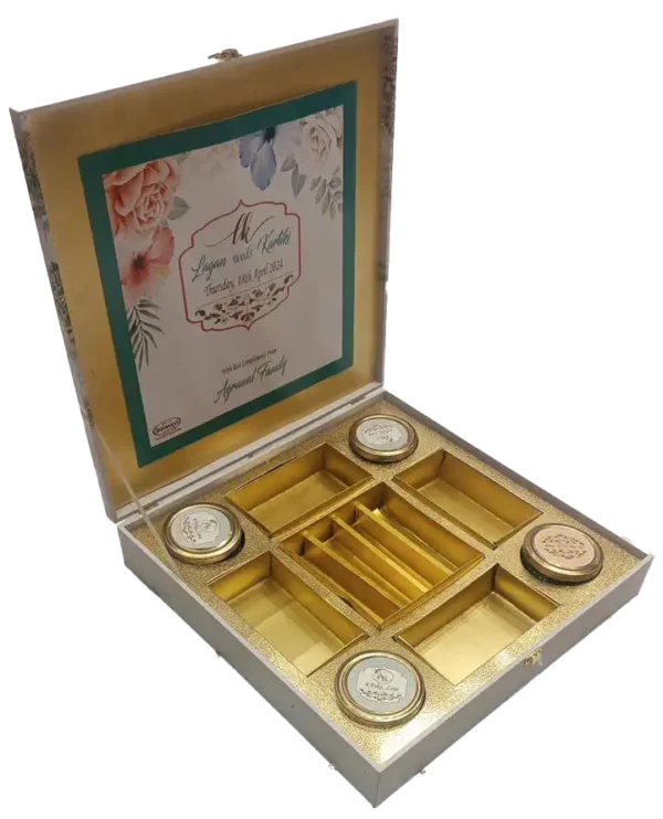 Customised 4 Jar 8 Pieces Box open, dry fruit box, sweets box, bhaji box, namkeen box, premium box, gift box, digital print box