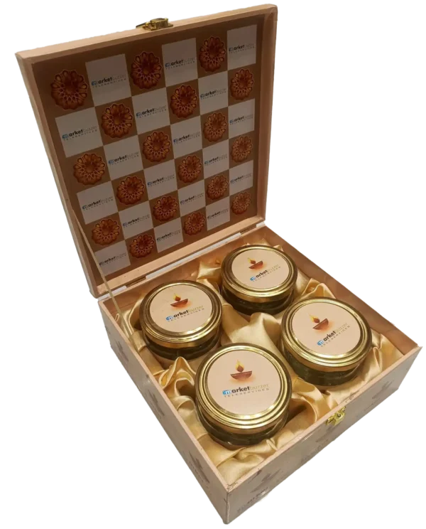 Customised 4 Jar Wooden box (M.D.F. box) open, Gift box, Dry fruit box, premium box, festival, weddings