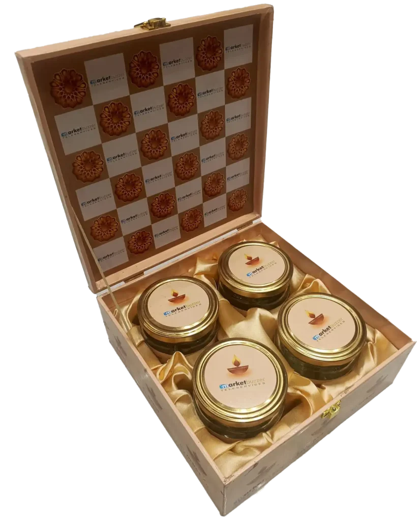 Customised 4 Jar Wooden box (M.D.F. box) open, Gift box, Dry fruit box, premium box, festival, weddings